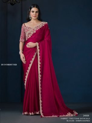 Sequins With Pure Handwork Cherry Red saree