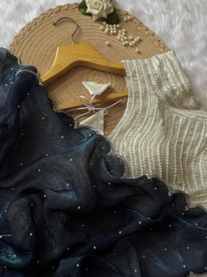 Shimmering Navy Pearl Saree and White Blouse Set