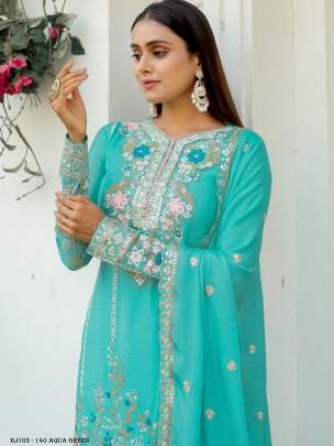 Shining Heavy Work Aqua Green Color Kurti Palazzo With Dupatta