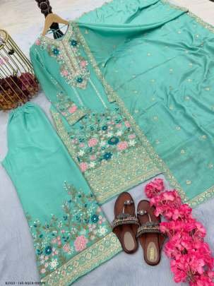 Shining Heavy Work Aqua Green Color Kurti Palazzo With Dupatta