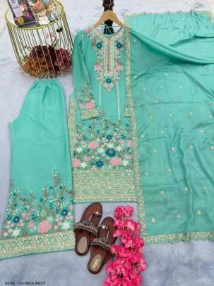 Shining Heavy Work Aqua Green Color Kurti Palazzo With Dupatta