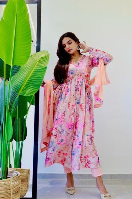 SIFRA  Chinon Soft  With Digital Lily party  wear Aliya cut Dresses Dupatta pant 