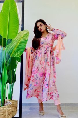 SIFRA  Chinon Soft  With Digital Lily party  wear Aliya cut Dresses Dupatta pant