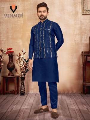 Silk Blue Kurta And Pyjama With Koti