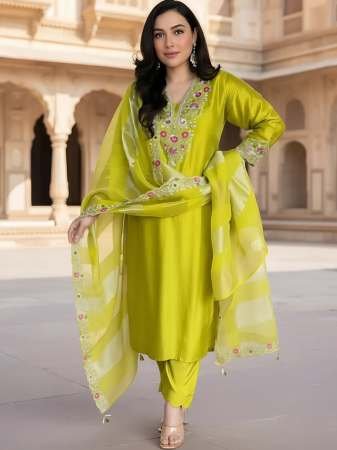 Silk Fabric Lime Colour Kurti  3 Pcs Set