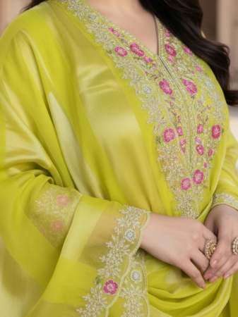 Silk Fabric Lime Colour Kurti  3 Pcs Set
