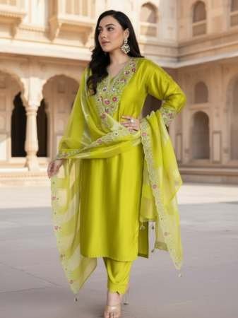 Silk Fabric Lime Colour Kurti  3 Pcs Set