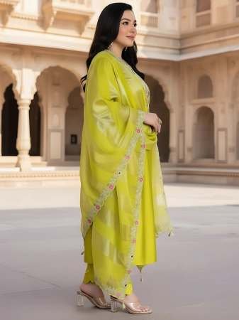 Silk Fabric Lime Colour Kurti  3 Pcs Set
