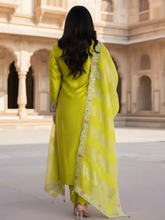 Silk Fabric Lime Colour Kurti  3 Pcs Set