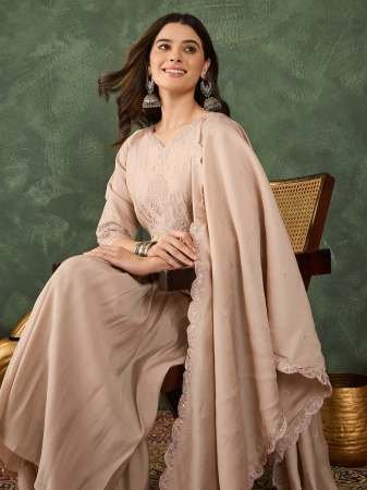 Silk With Lining  Beige Colour Kurti Pant With Dupatta