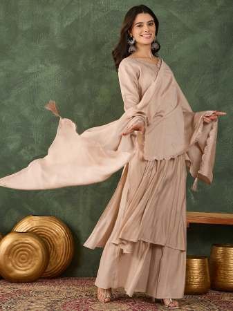 Silk With Lining  Beige Colour Kurti Pant With Dupatta