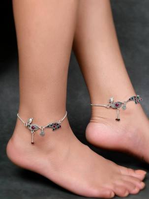 Silver Anklet with Peacock Design 