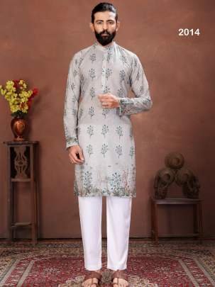 Silver Grey Floral Elegance Printed Men’s Kurta