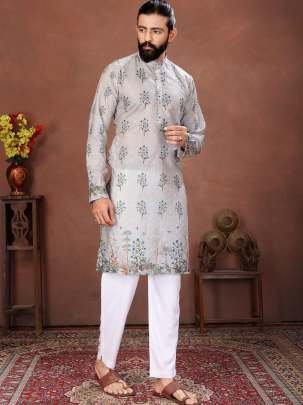 Silver Grey Floral Elegance Printed Men’s Kurta