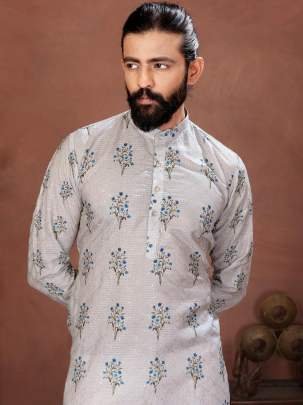 Silver Grey Floral Elegance Printed Men’s Kurta