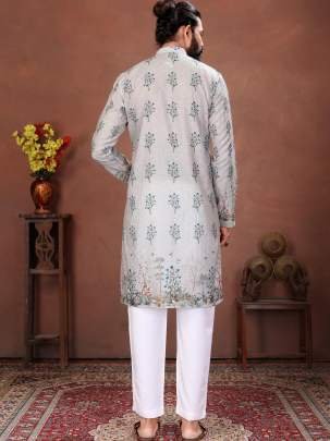 Silver Grey Floral Elegance Printed Men’s Kurta
