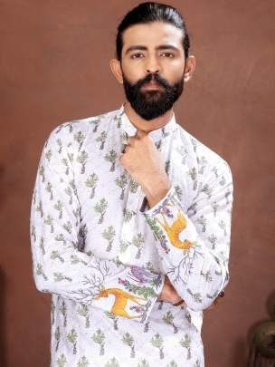 Silver Grey Floral Elegance Printed Men’s Kurta