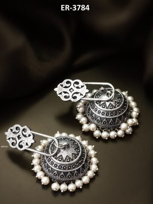Silver Look Alike Oxidised Jhumka Style Earrings