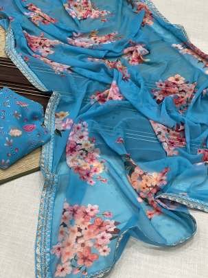 SkuBlue Digital Print With Embroidery Work Border Georgette Saree