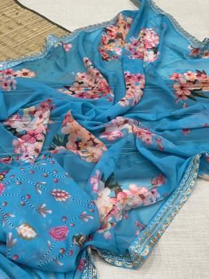 SkuBlue Digital Print With Embroidery Work Border Georgette Saree