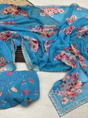 SkuBlue Digital Print With Embroidery Work Border Georgette Saree
