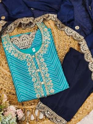 Sky And Blue Excllusive Bandhani Print Chinon Kurtis Set