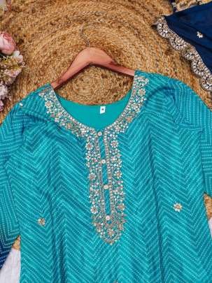 Sky And Blue Excllusive Bandhani Print Chinon Kurtis Set