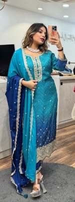 Sky And Blue Excllusive Bandhani Print Chinon Kurtis Set