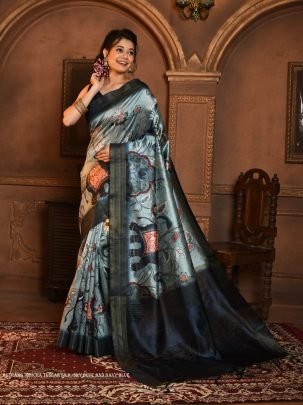 Sky Blue and Navy Blue Soft Ghicha Tussar Silk Saree with Beautiful Kalamkari Printed Work
