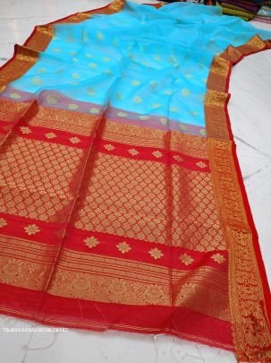 Sky Blue And Red Wedding Pure Muslin Banarasi Saree