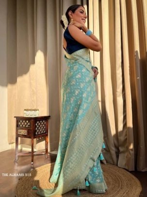 Sky Blue Banarsi Soft Silk Saree With Unstich Blouse