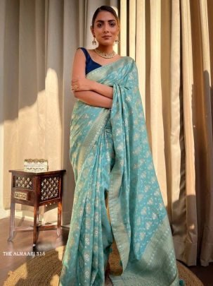 Sky Blue Banarsi Soft Silk Saree With Unstich Blouse