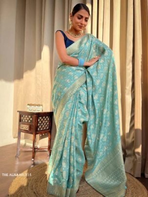 Sky Blue Banarsi Soft Silk Saree With Unstich Blouse