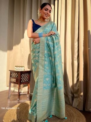 Sky Blue Banarsi Soft Silk Saree With Unstich Blouse