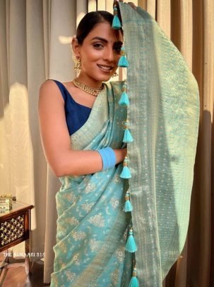 Sky Blue Banarsi Soft Silk Saree With Unstich Blouse