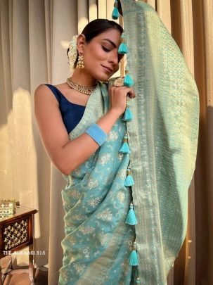 Sky Blue Banarsi Soft Silk Saree With Unstich Blouse
