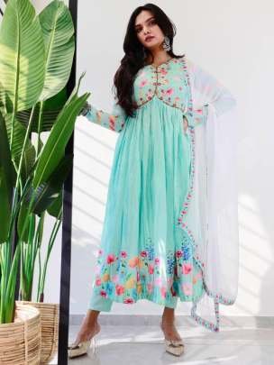 Sky Blue Beautiful Alia Cut Kurti Pant Set