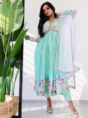 Sky Blue Beautiful Alia Cut Kurti Pant Set