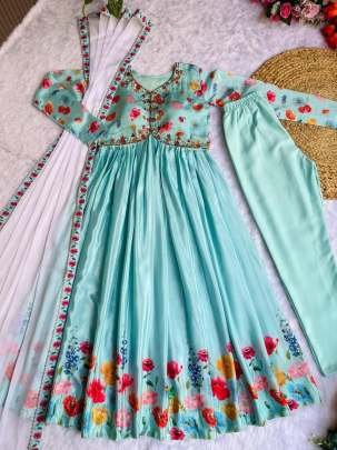 Sky Blue Beautiful Alia Cut Kurti Pant Set