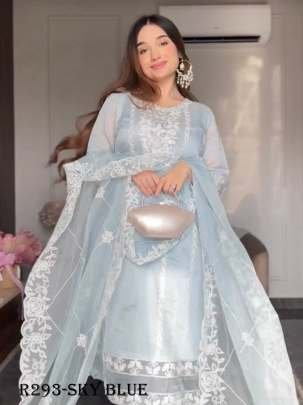 Sky Blue Beautiful Embroidery Work Party Wear Three Peach Suits