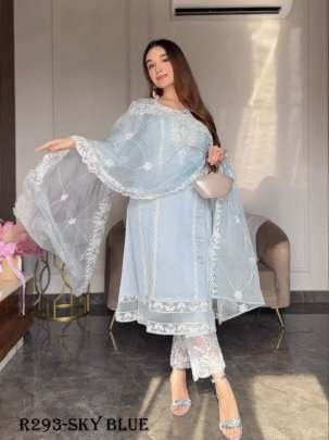 Sky Blue Beautiful Embroidery Work Party Wear Three Peach Suits