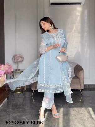 Sky Blue Beautiful Embroidery Work Party Wear Three Peach Suits