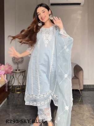 Sky Blue Beautiful Embroidery Work Party Wear Three Peach Suits