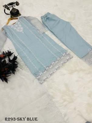 Sky Blue Beautiful Embroidery Work Party Wear Three Peach Suits