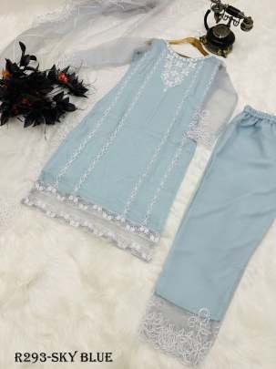 Sky Blue Beautiful Embroidery Work Party Wear Three Peach Suits