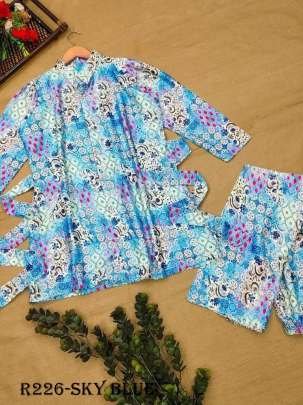 Sky Blue Casual Printed Rayon Muslin Coord Set
