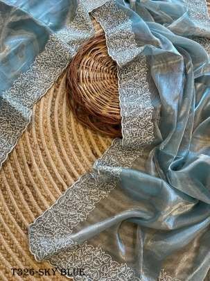 Sky Blue Chiffon Organza Silk Saree With Embroidery Work
