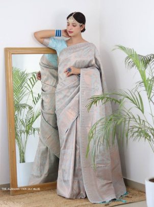 Sky Blue Color Pure Banarasi Plain Silk Saree With Brocade unstitched Blouse