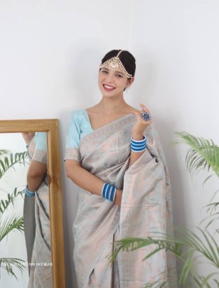 Sky Blue Color Pure Banarasi Plain Silk Saree With Brocade unstitched Blouse