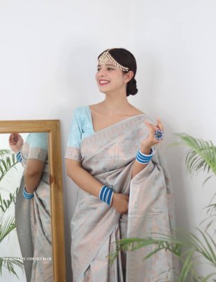 Sky Blue Color Pure Banarasi Plain Silk Saree With Brocade unstitched Blouse